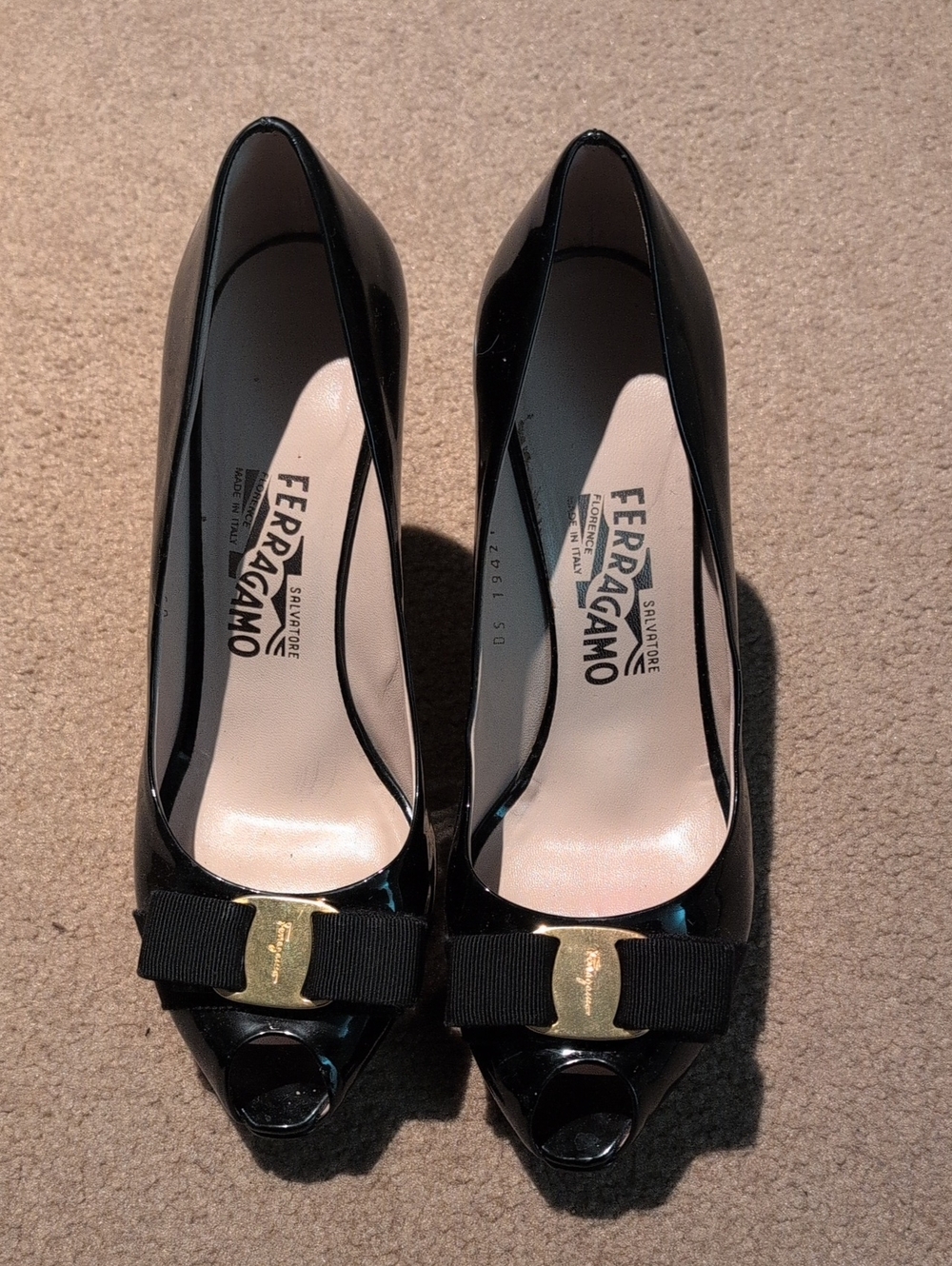 Salvatore Ferragamo Black Patent Leather Peep-Toe Pumps with Grosgrain Bow